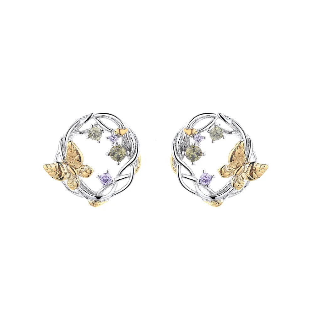 14K Gold Two-Tone Floral and Gemstone Earrings