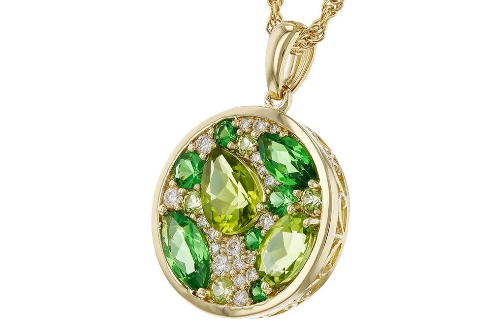 14K Yellow Gold 2.36ctw Tsavorite Garnet, Peridot & Diamond Cluster Necklace by Allison Kaufman