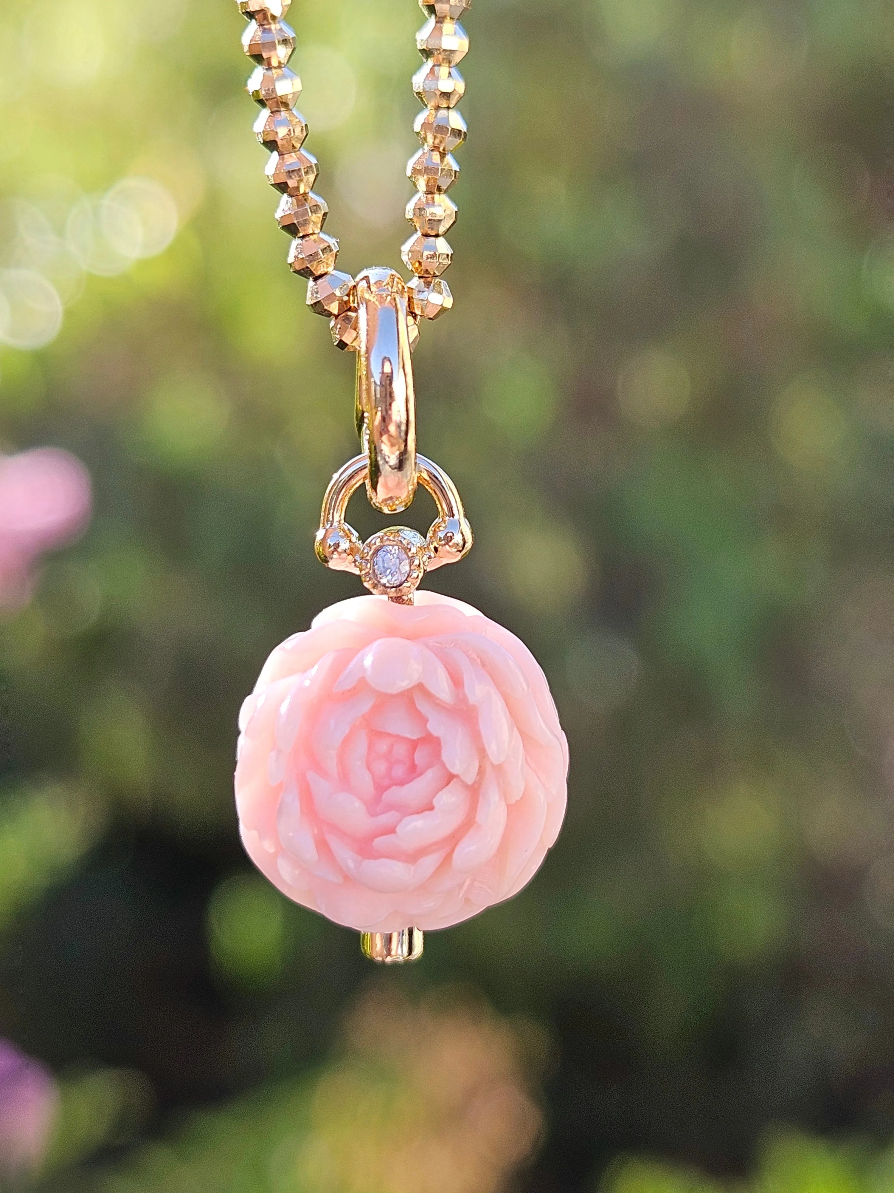 18K Solid Gold Hand Carved Pink Opal Peony Flower Ball Charm Pendant | Indulgems | Designs in Real Gold