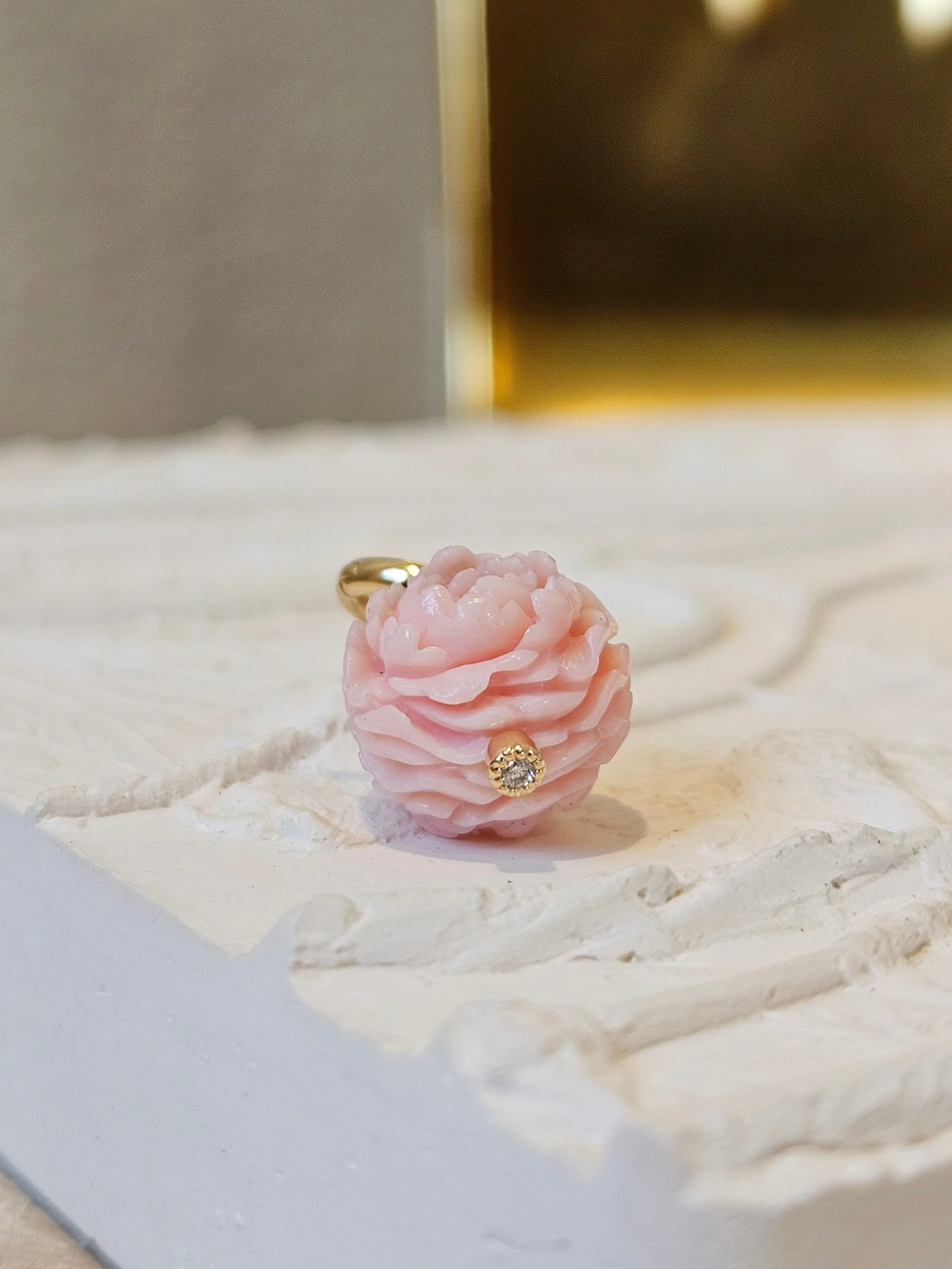 18K Solid Gold Hand Carved Pink Opal Peony Flower Ball Charm Pendant | Indulgems | Designs in Real Gold