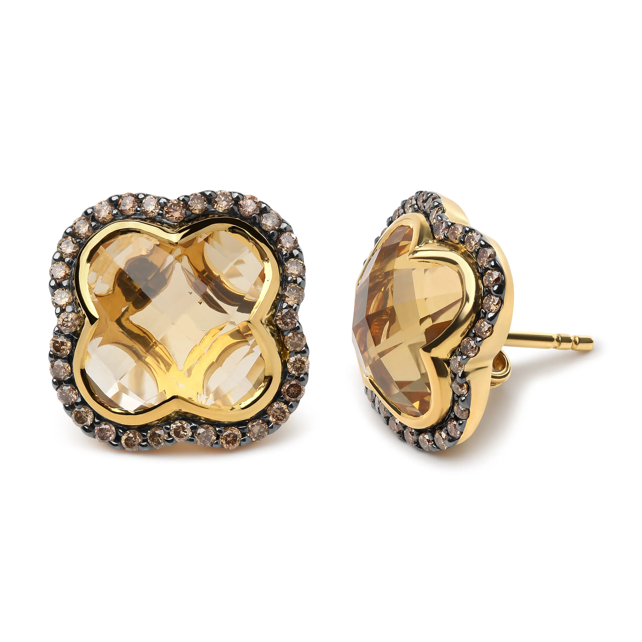 18K Yellow Gold 1/2 Cttw  Brown Diamond and 11x11mm Clover-Cut Yellow Citrine Gemstone Clover Halo Stud Earrings