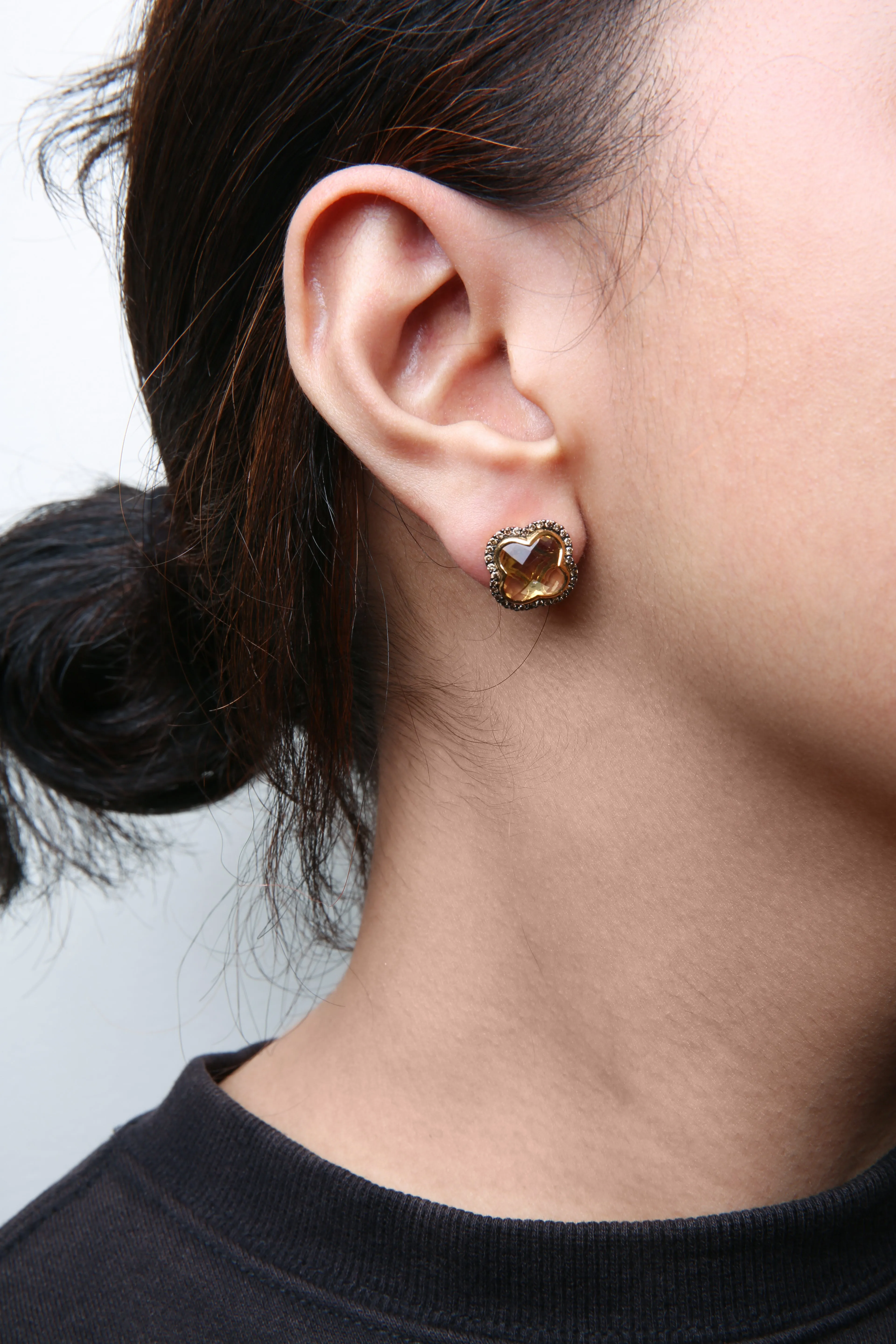 18K Yellow Gold 1/2 Cttw  Brown Diamond and 11x11mm Clover-Cut Yellow Citrine Gemstone Clover Halo Stud Earrings