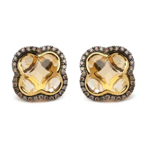 18K Yellow Gold 1/2 Cttw  Brown Diamond and 11x11mm Clover-Cut Yellow Citrine Gemstone Clover Halo Stud Earrings