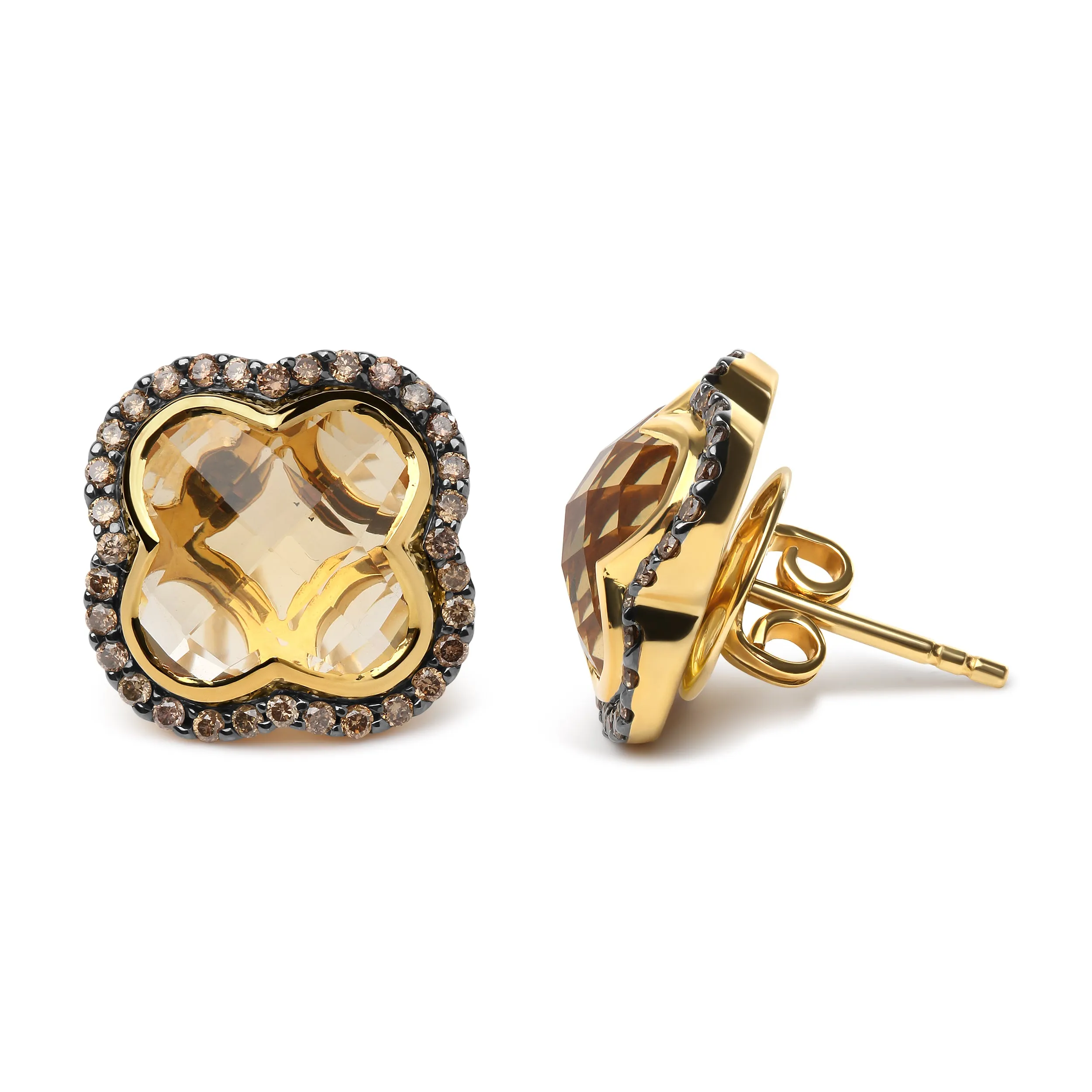 18K Yellow Gold 1/2 Cttw  Brown Diamond and 11x11mm Clover-Cut Yellow Citrine Gemstone Clover Halo Stud Earrings