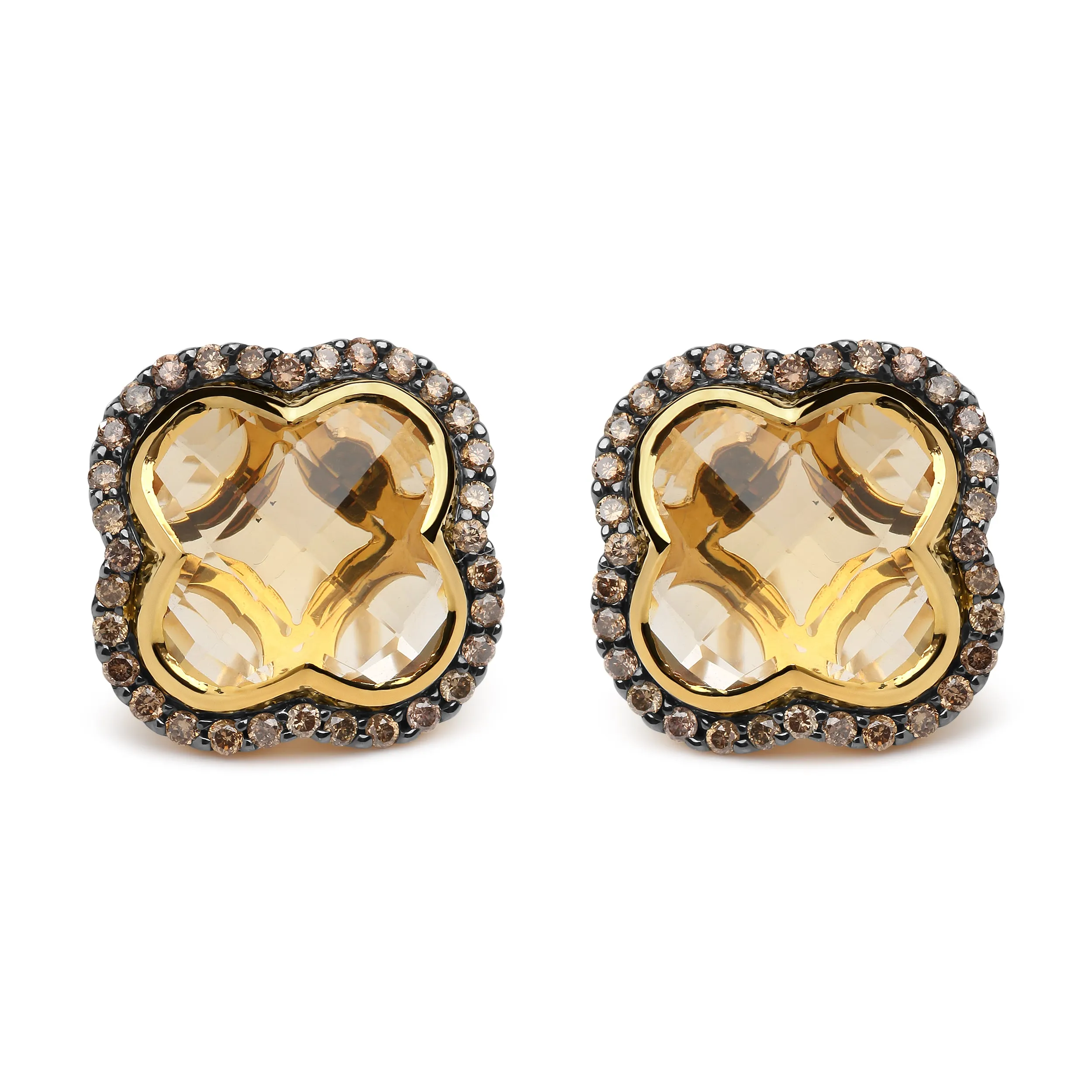 18K Yellow Gold 1/2 Cttw  Brown Diamond and 11x11mm Clover-Cut Yellow Citrine Gemstone Clover Halo Stud Earrings