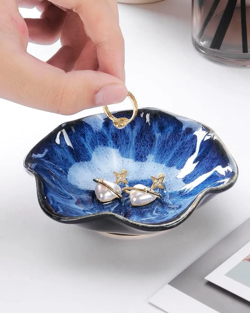 2PCS Lotus Leaf Shape Ring Holder Dish, Small Key Bowl, Ceramic Trinket Tray Jewelry Dish Organizing Necklace Earrings for Mom Friend Sister, All Jewelries are NOT Included. Blue Pink.