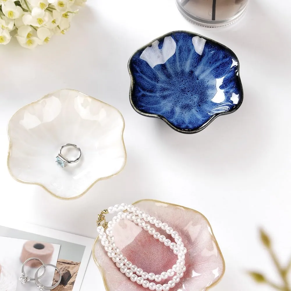2PCS Lotus Leaf Shape Ring Holder Dish, Small Key Bowl, Ceramic Trinket Tray Jewelry Dish Organizing Necklace Earrings for Mom Friend Sister, All Jewelries are NOT Included. Blue Pink.