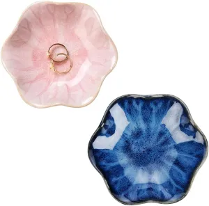 2PCS Lotus Leaf Shape Ring Holder Dish, Small Key Bowl, Ceramic Trinket Tray Jewelry Dish Organizing Necklace Earrings for Mom Friend Sister, All Jewelries are NOT Included. Blue Pink.