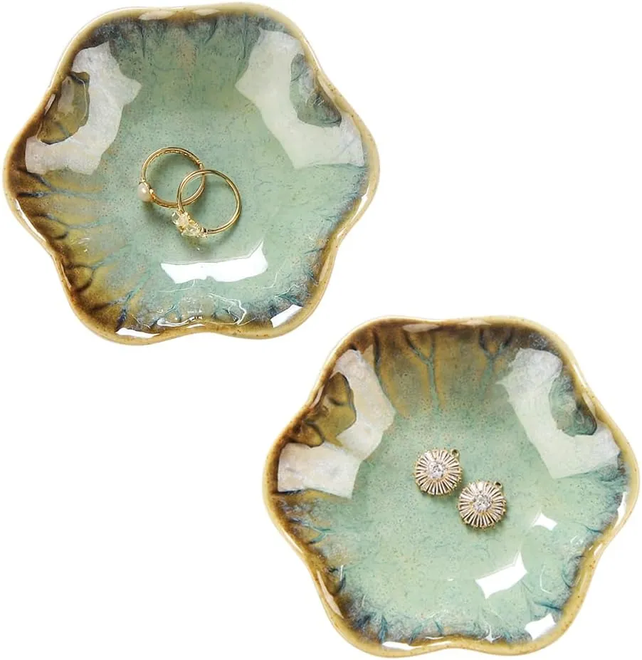 2PCS Ring Holder Dish, Small Key Bowl, Ceramic Trinket Tray Jewelry Dish Organizing Necklace Earrings for Mom Friend Sister, All Jewelries Are NOT Included. Crystal Green.
