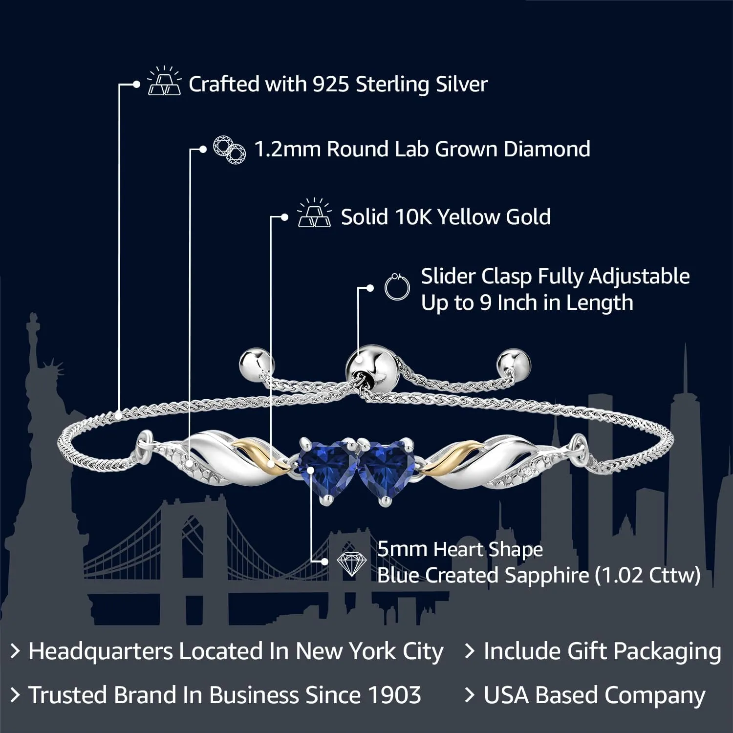 925 Silver and 10K Yellow Gold Gemstone Birthstone and Lab Grown Diamond Two-Tone Twist with Double Heart Bracelet for Women | Heart Shape 5MM and Round 1.2MM Accents | Adjustable Up to 9 Inch