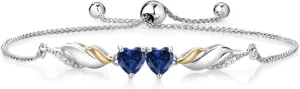 925 Silver and 10K Yellow Gold Gemstone Birthstone and Lab Grown Diamond Two-Tone Twist with Double Heart Bracelet for Women | Heart Shape 5MM and Round 1.2MM Accents | Adjustable Up to 9 Inch