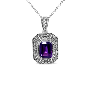 .925 Sterling Silver Purple Amethyst and Diamond Accent Art Deco Style 18" Pendant Necklace