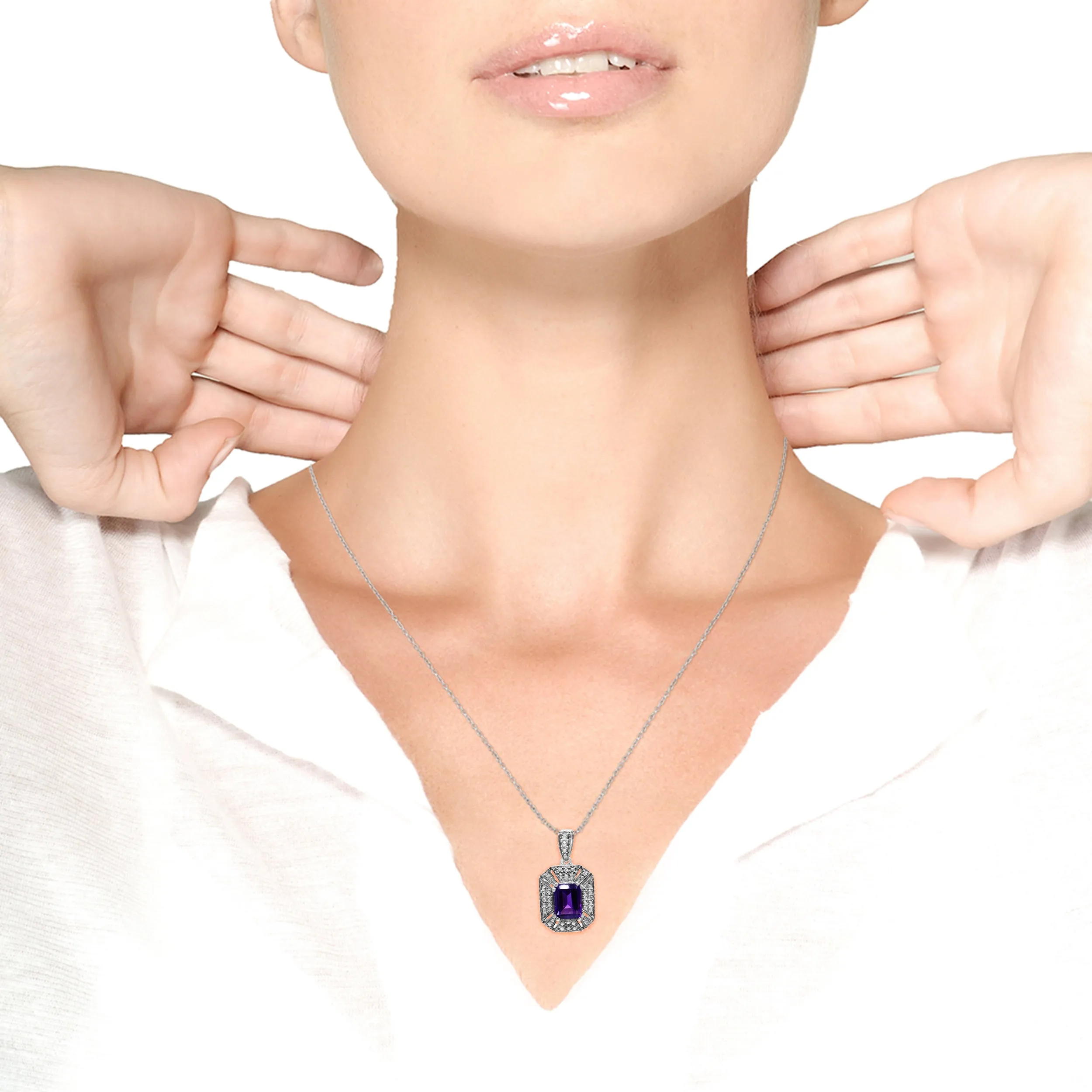 .925 Sterling Silver Purple Amethyst and Diamond Accent Art Deco Style 18" Pendant Necklace