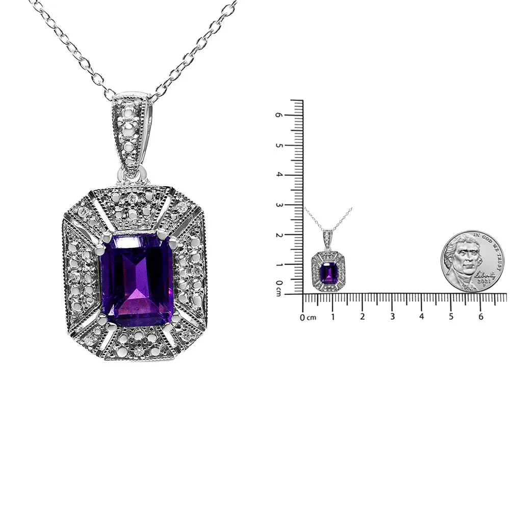 .925 Sterling Silver Purple Amethyst and Diamond Accent Art Deco Style 18" Pendant Necklace