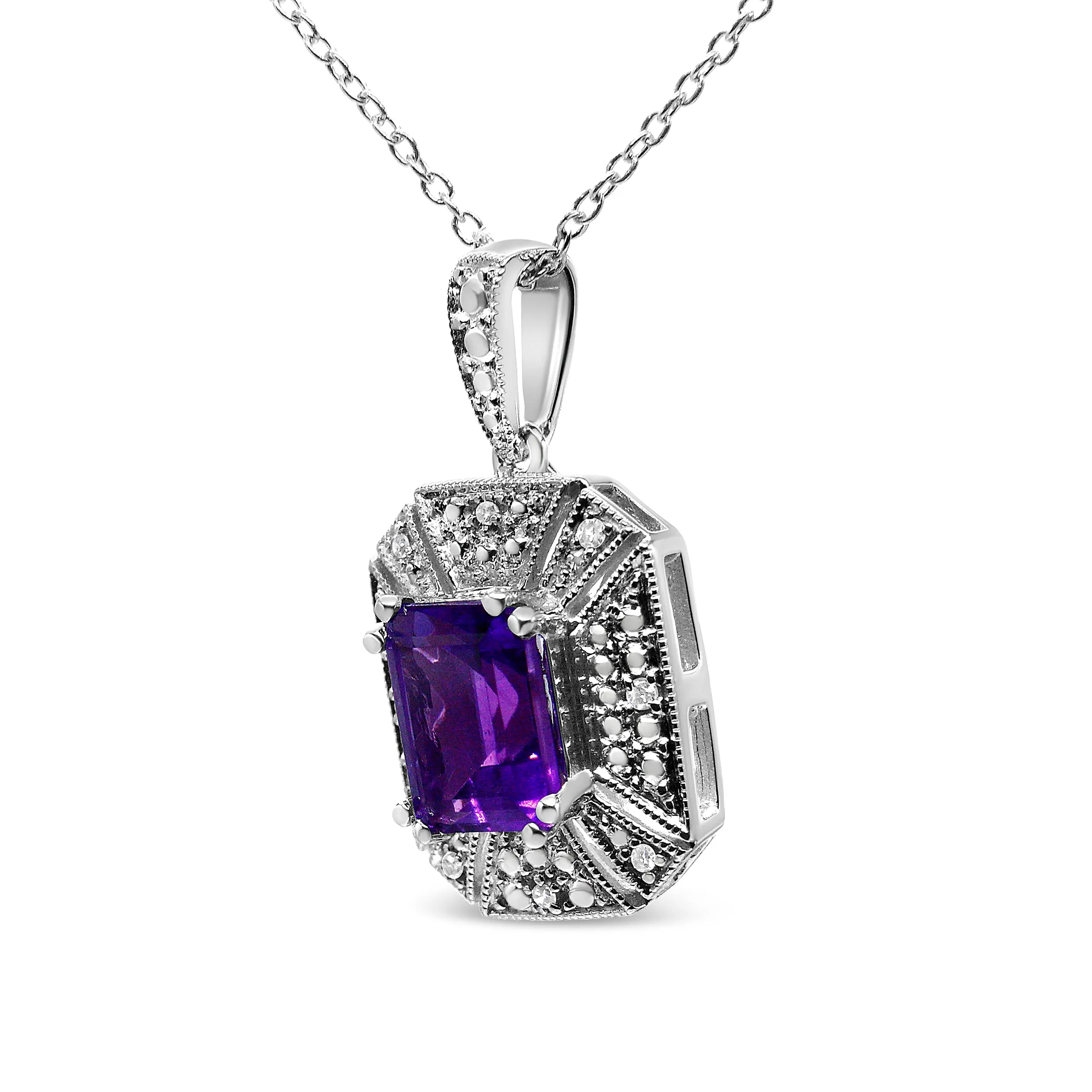 .925 Sterling Silver Purple Amethyst and Diamond Accent Art Deco Style 18" Pendant Necklace
