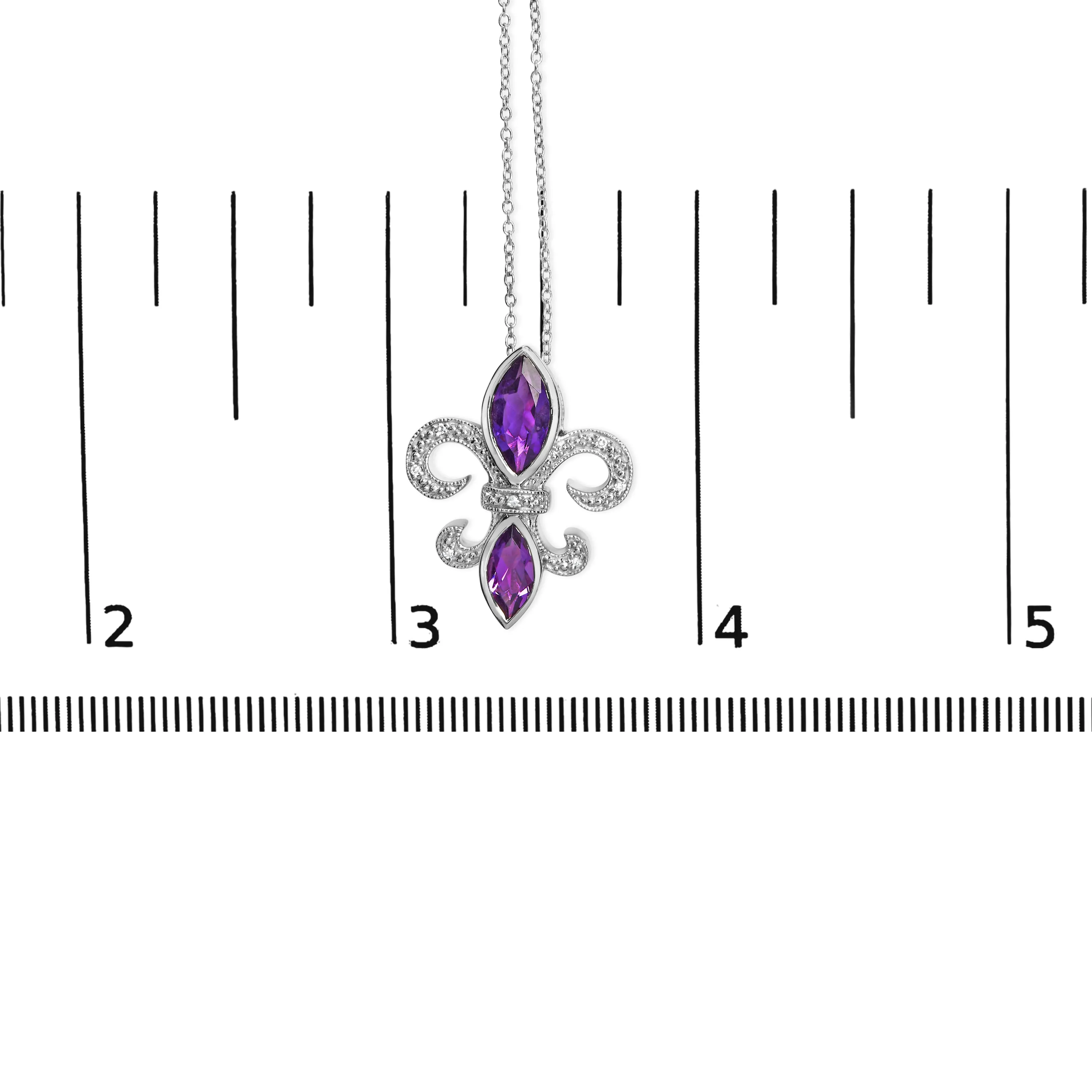 .925 Sterling Silver Purple Amethyst Marquise and Diamond Accent Fleur De Lis Pendant Necklace