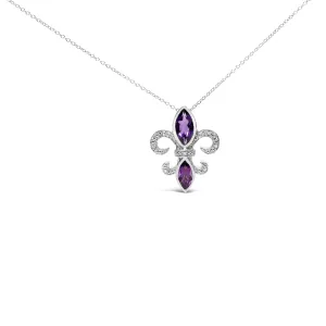 .925 Sterling Silver Purple Amethyst Marquise and Diamond Accent Fleur De Lis Pendant Necklace