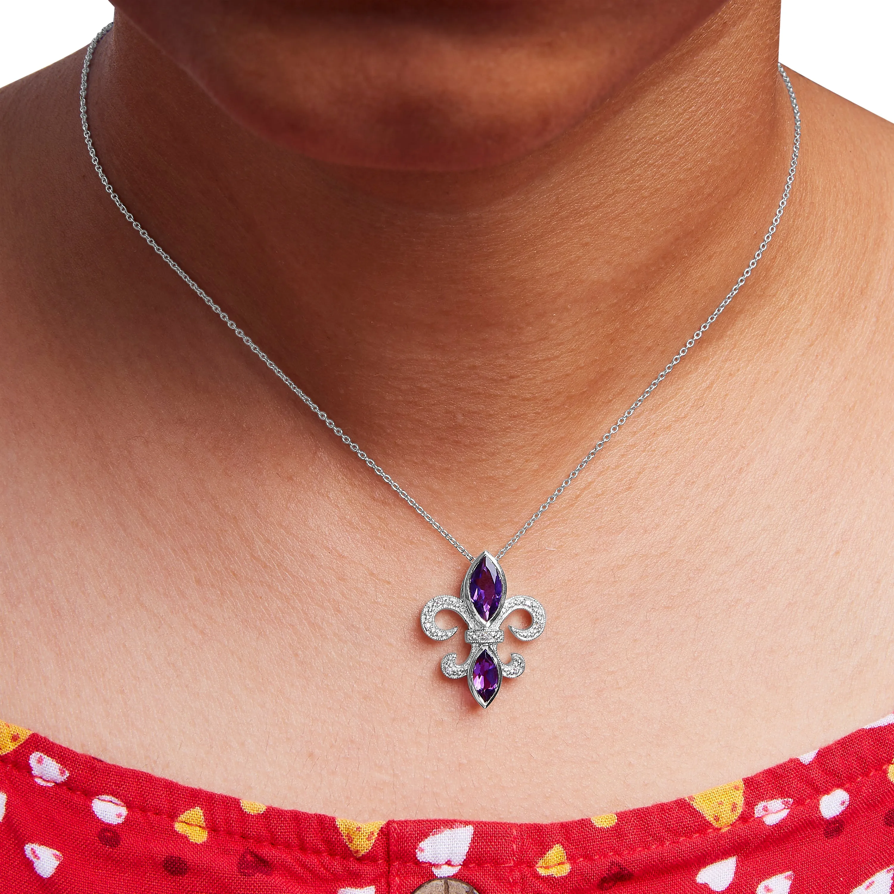 .925 Sterling Silver Purple Amethyst Marquise and Diamond Accent Fleur De Lis Pendant Necklace