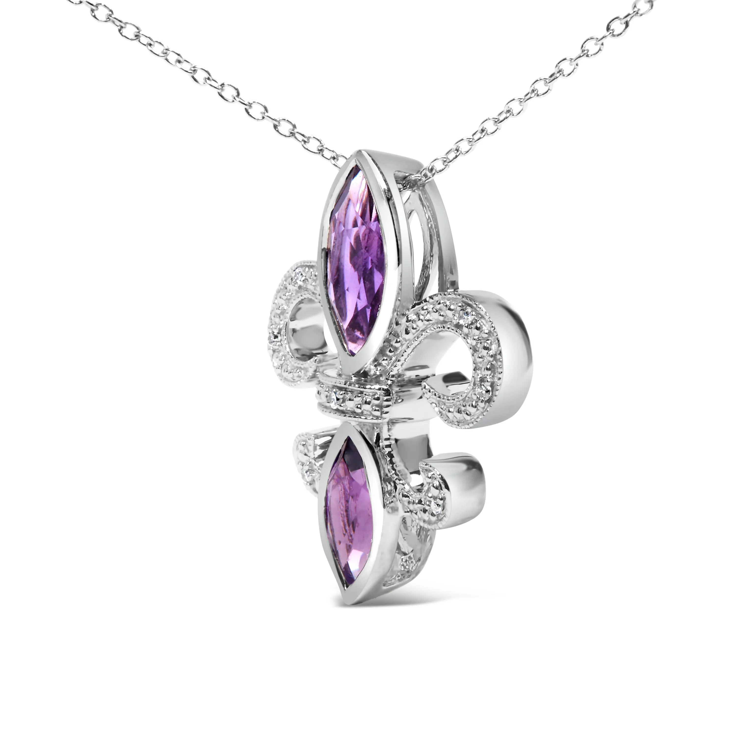 .925 Sterling Silver Purple Amethyst Marquise and Diamond Accent Fleur De Lis Pendant Necklace