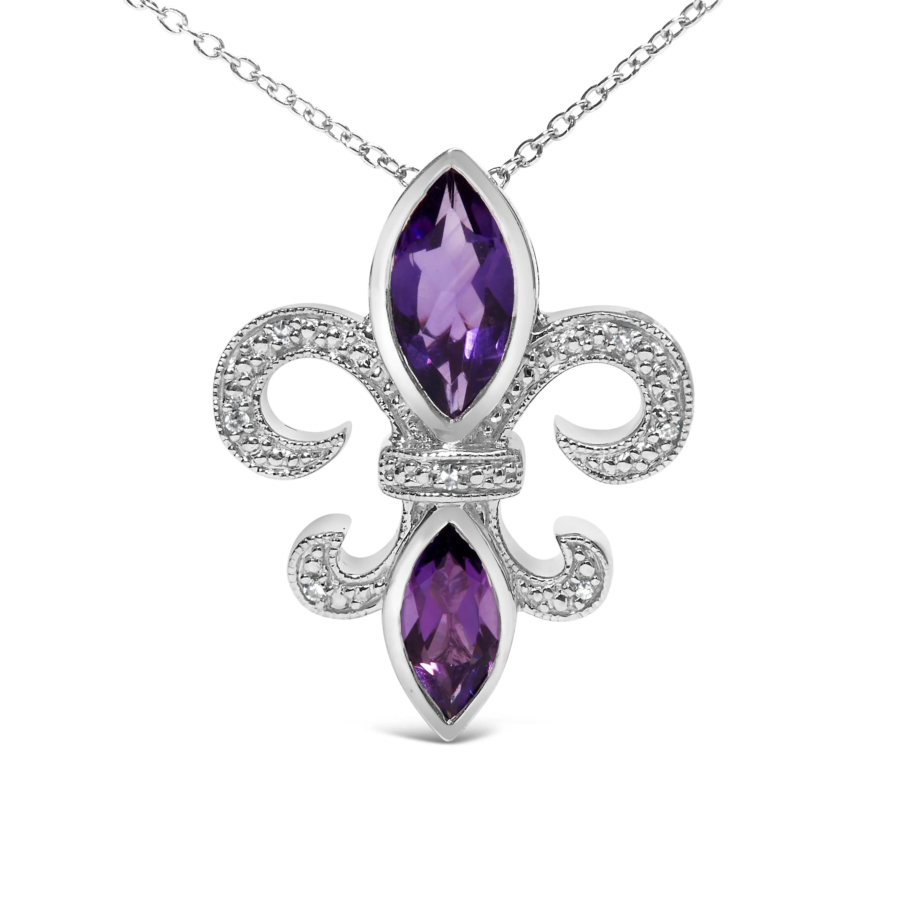 .925 Sterling Silver Purple Amethyst Marquise and Diamond Accent Fleur De Lis Pendant Necklace