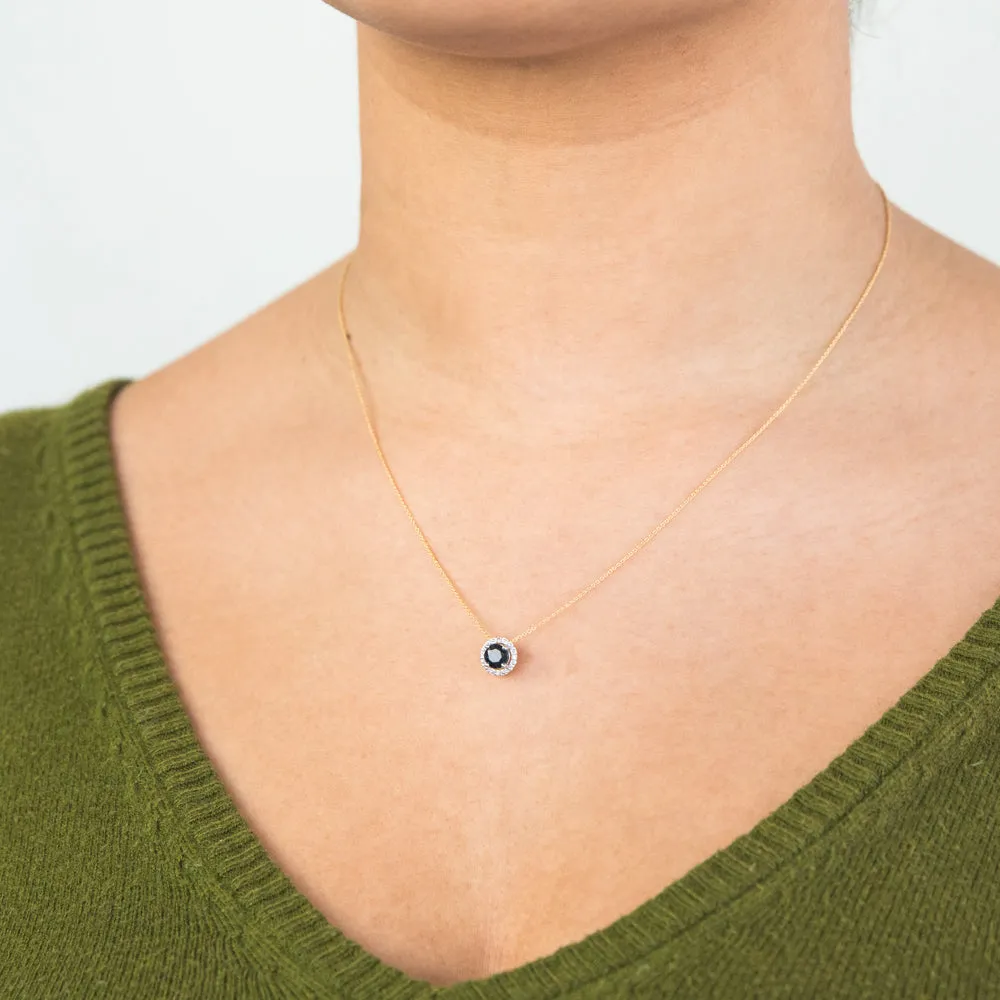 9ct Yellow Gold 5mm Natural Sapphire and Diamond Halo Pendant on 45cm Chain