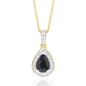 9ct Yellow Gold 7x5mm Natural Sapphire Pear Halo Pendant on 45cm Chain