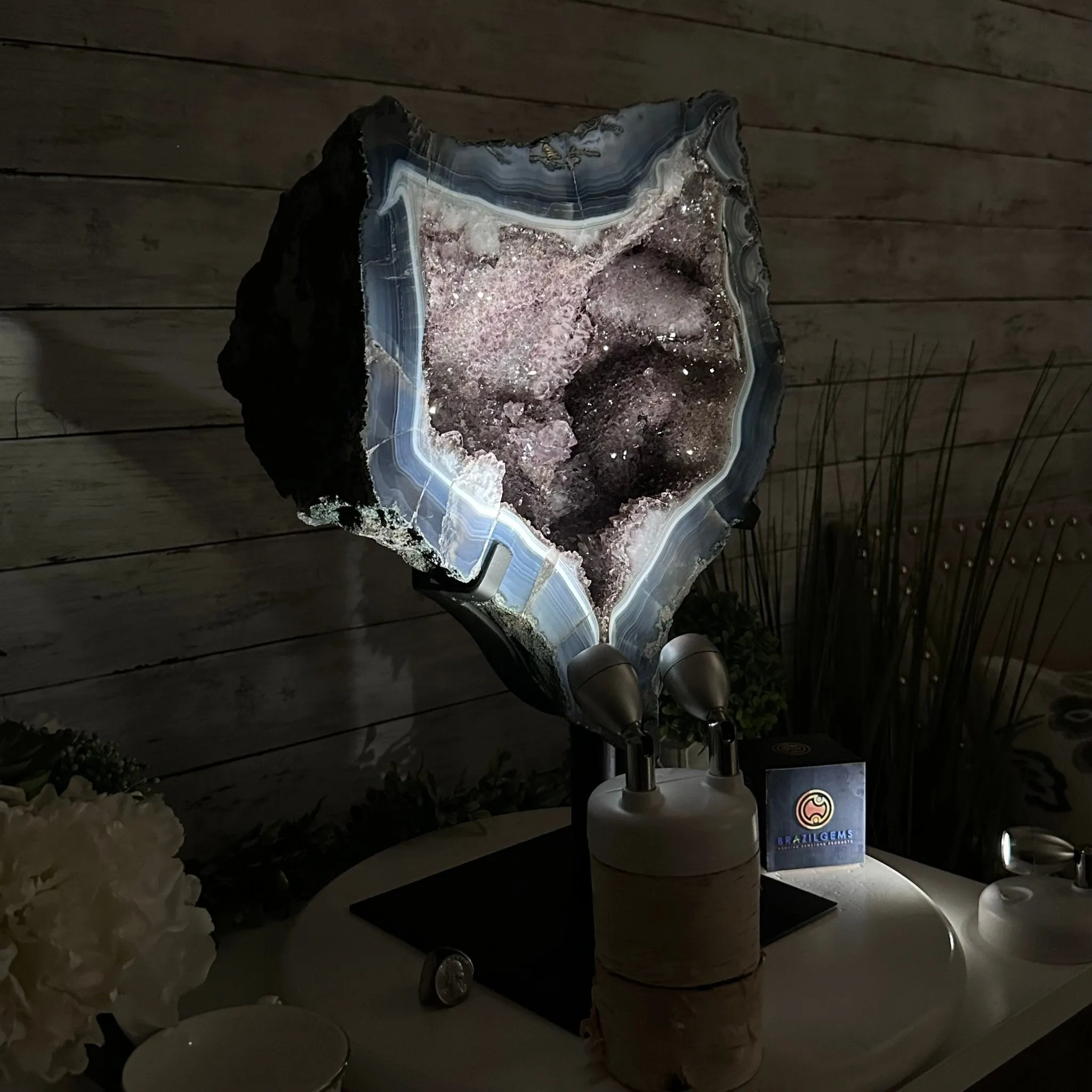 Amethyst Cluster on a Metal Base, 32.4 lbs & 18" Tall #5491-0104