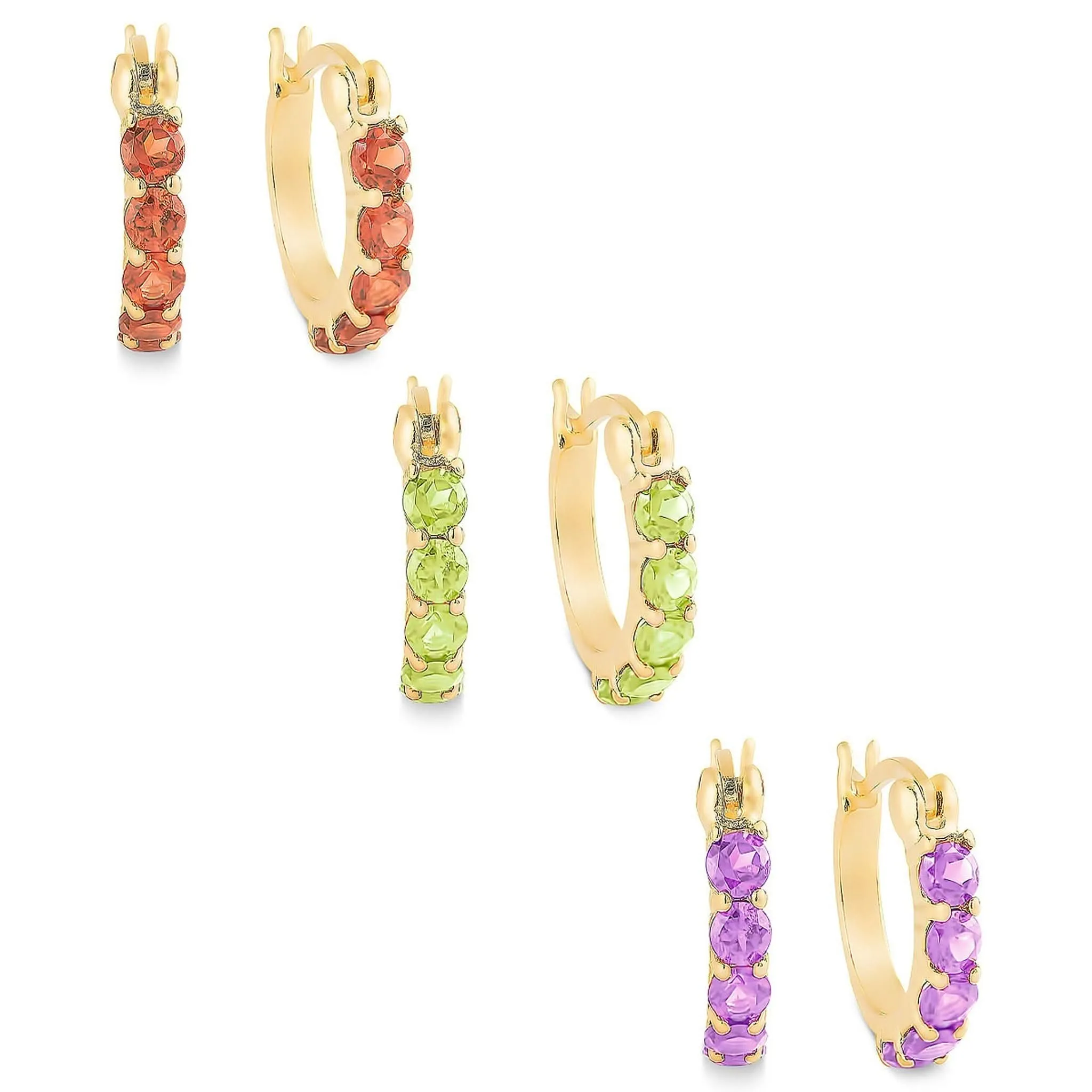 Amethyst, Peridot, Garnet Gemstone 3 Hoop Set