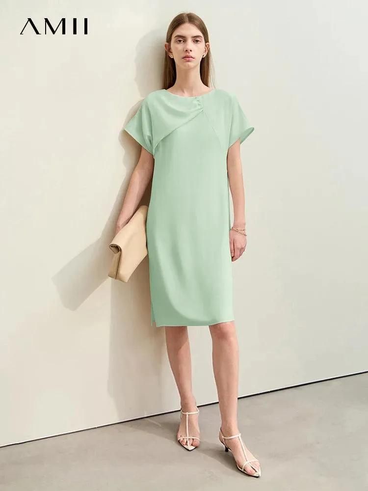 Amii Chic Asymmetrical Summer Chiffon Dress with Pleated Neckline and Breezy Short Sleeves