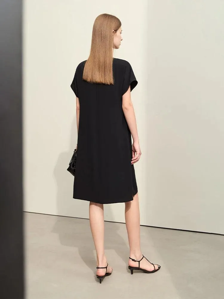 Amii Chic Asymmetrical Summer Chiffon Dress with Pleated Neckline and Breezy Short Sleeves