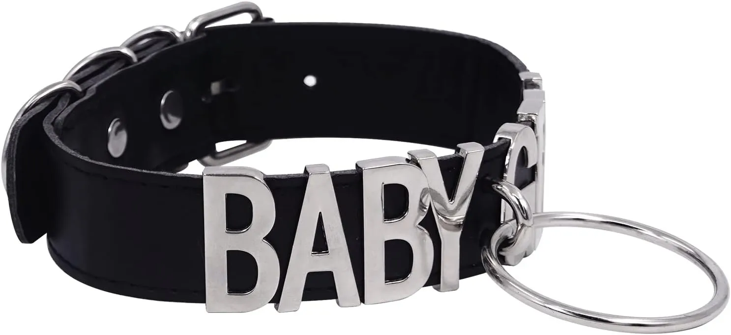 Black O-ring Choker Necklace For Women, Soft Vegan Leather Collar With Large Alloy Letters, Punk Gothic Letter Choker Collar