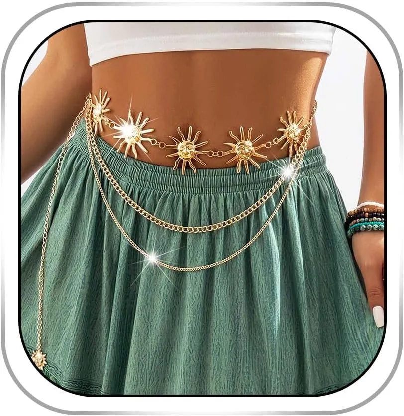 Boho Sun Flower Body Chains Gold Pendant Waist Chains Multilayer Metal Body Belly Chain Plus Size Adjustable Body Accessories for Women