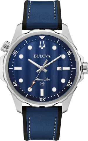 Bulova Men's Marine Star Quartz Silver Stainless Steel Watch, Leather and Silicone Strap, 100M Water Resistant, 43mm