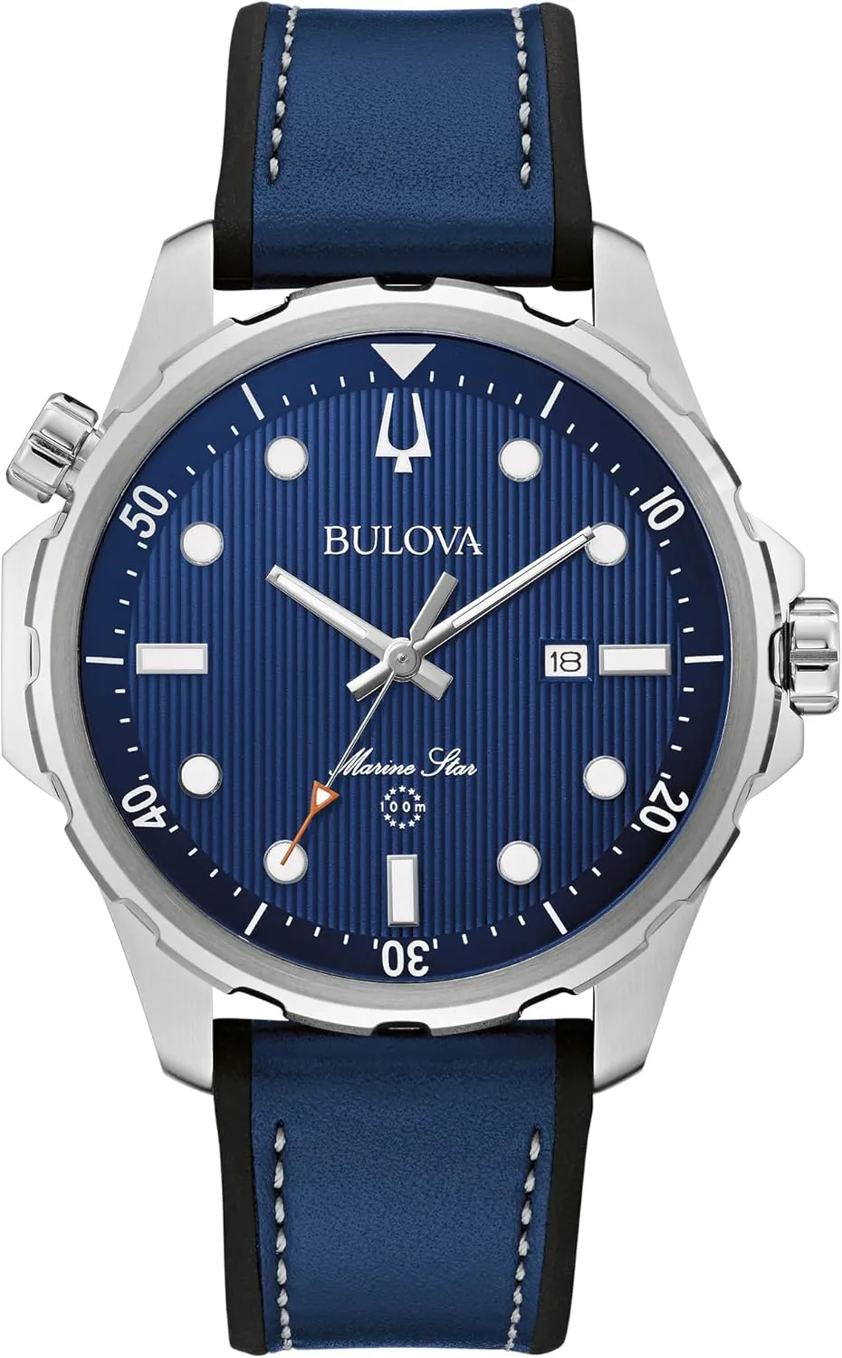 Bulova Men's Marine Star Quartz Silver Stainless Steel Watch, Leather and Silicone Strap, 100M Water Resistant, 43mm