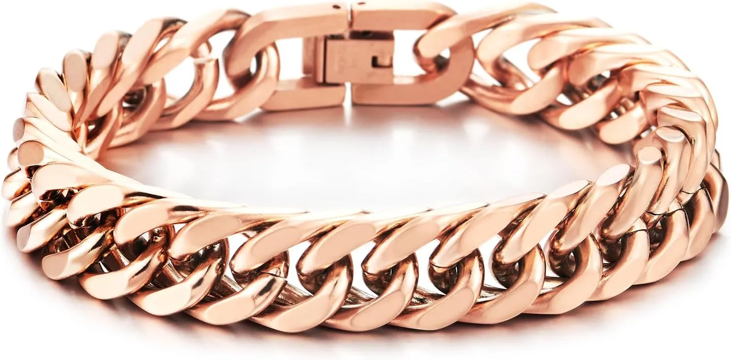 COOLSTEELANDBEYOND Mens Stainless Steel Cuban Chain Curb Chain Bracelet, Rose Gold, Satin Finish