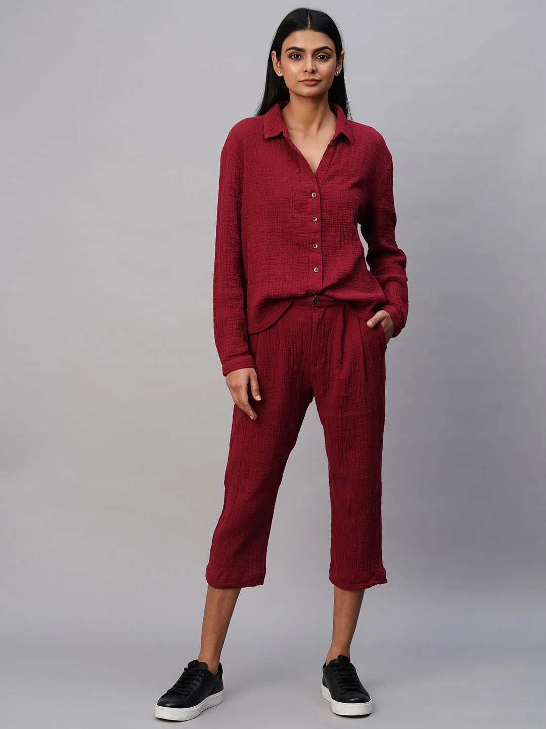 Crinkle Double Cloth Shirt & Pleated Cropped Pant Co-Ord Set
