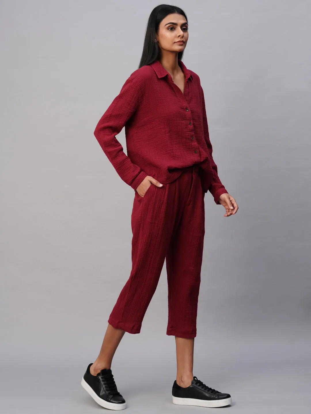 Crinkle Double Cloth Shirt & Pleated Cropped Pant Co-Ord Set