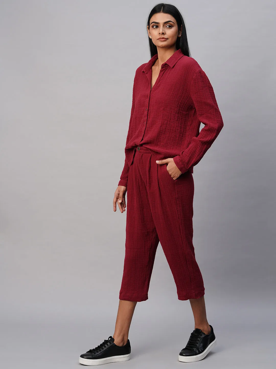 Crinkle Double Cloth Shirt & Pleated Cropped Pant Co-Ord Set
