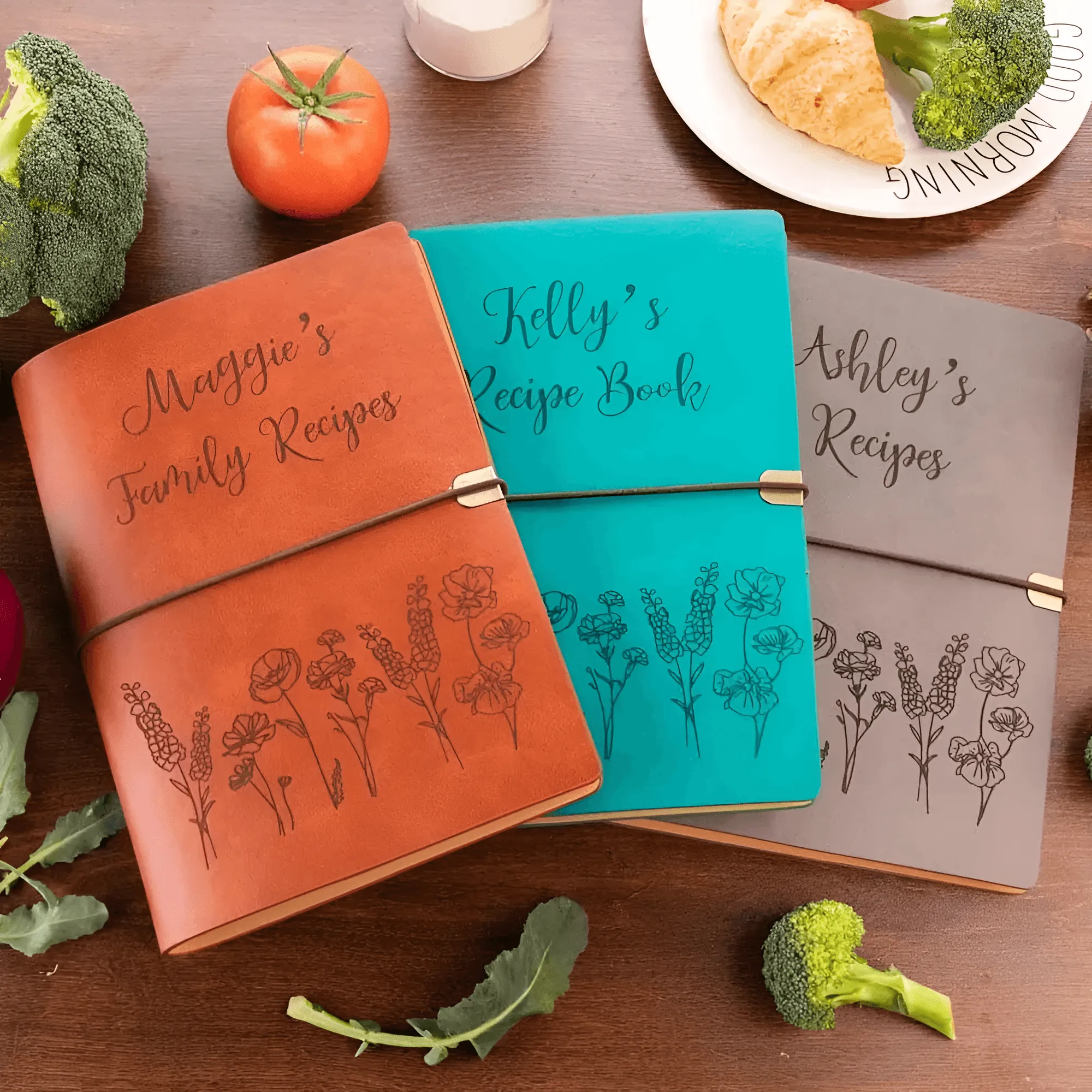 Custom Leather Recipe Book with Flowers Cover