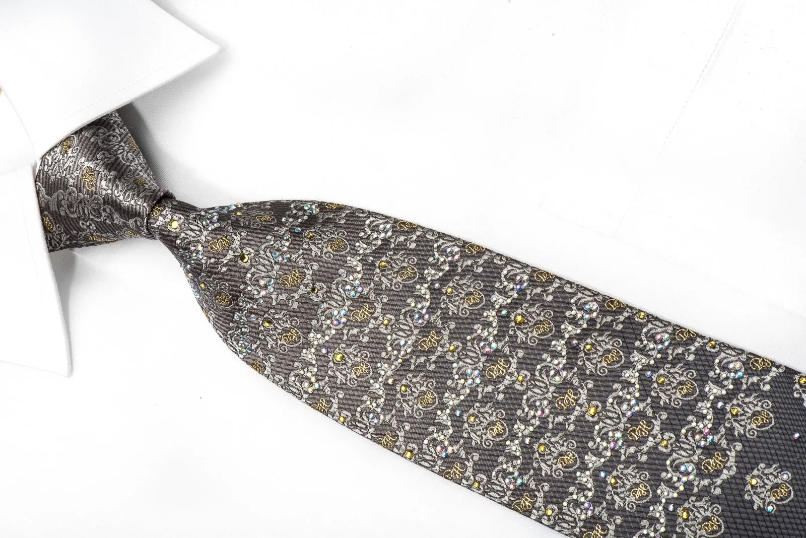 Daniel Hechter Men's Rhinestone Silk Necktie Cartoche On Silver With Sparkles