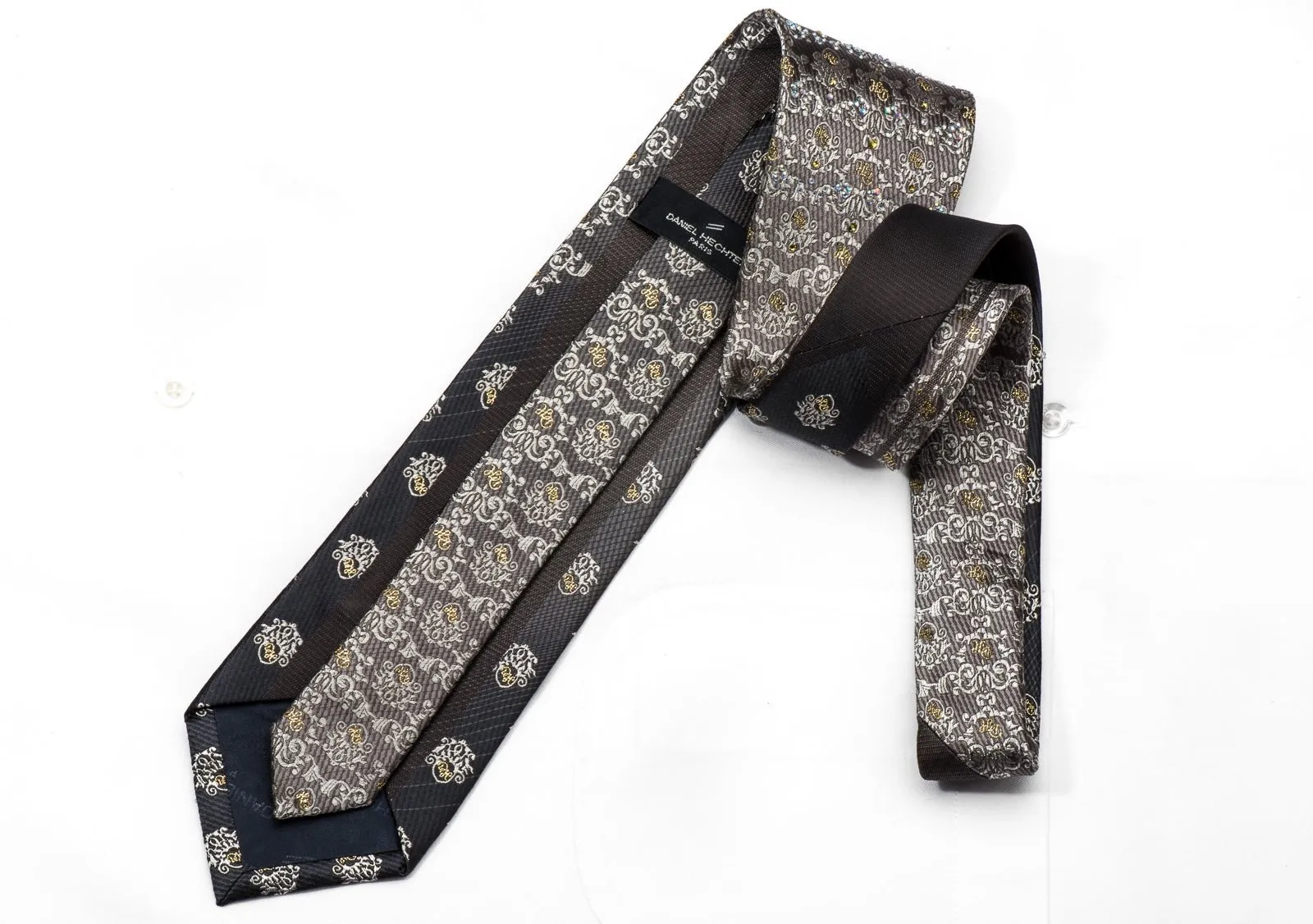 Daniel Hechter Men's Rhinestone Silk Necktie Cartoche On Silver With Sparkles