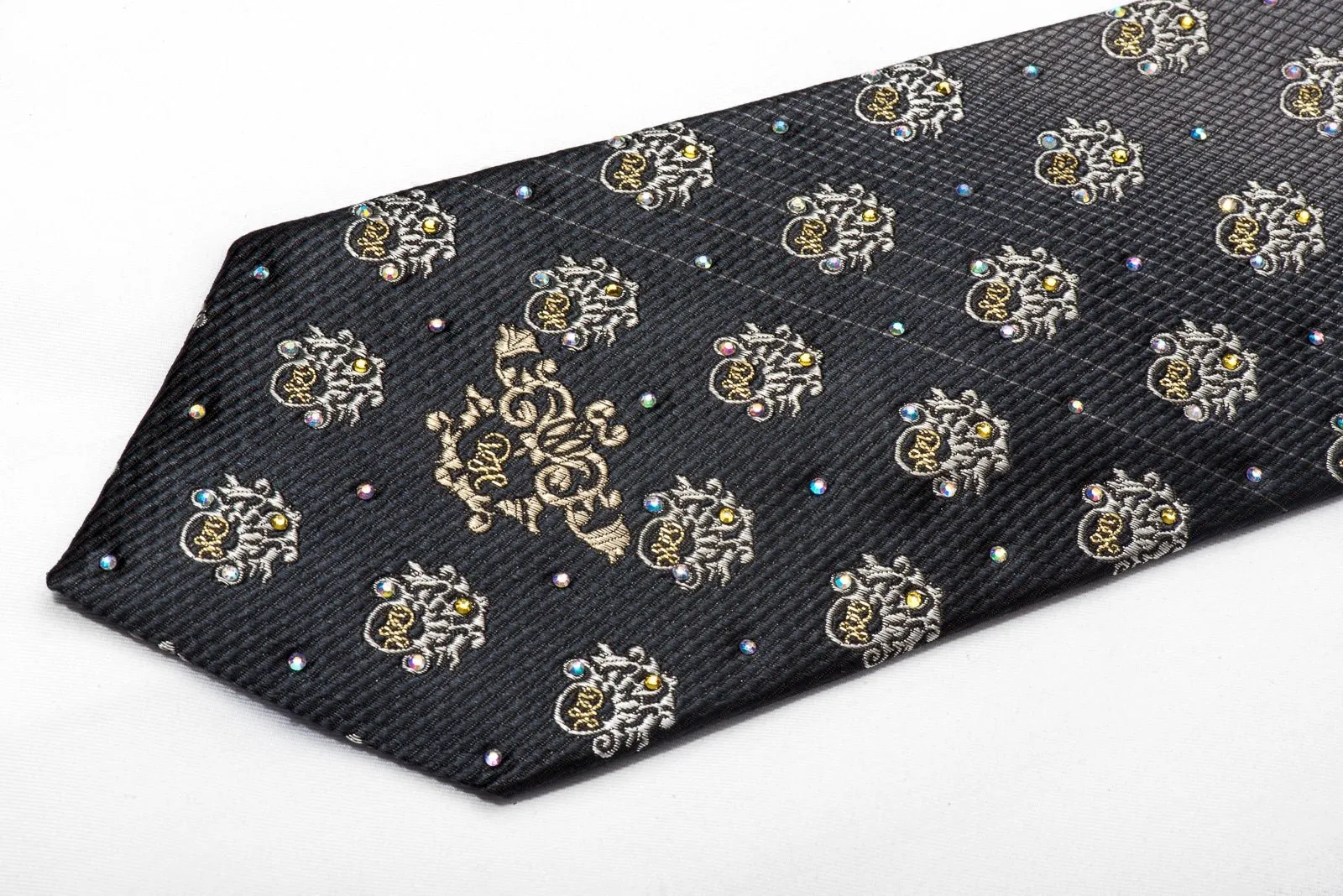Daniel Hechter Men's Rhinestone Silk Necktie Cartoche On Silver With Sparkles