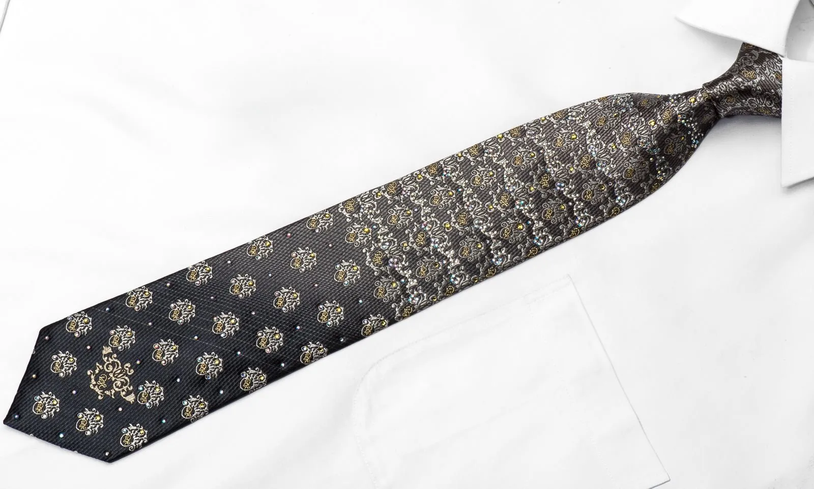 Daniel Hechter Men's Rhinestone Silk Necktie Cartoche On Silver With Sparkles