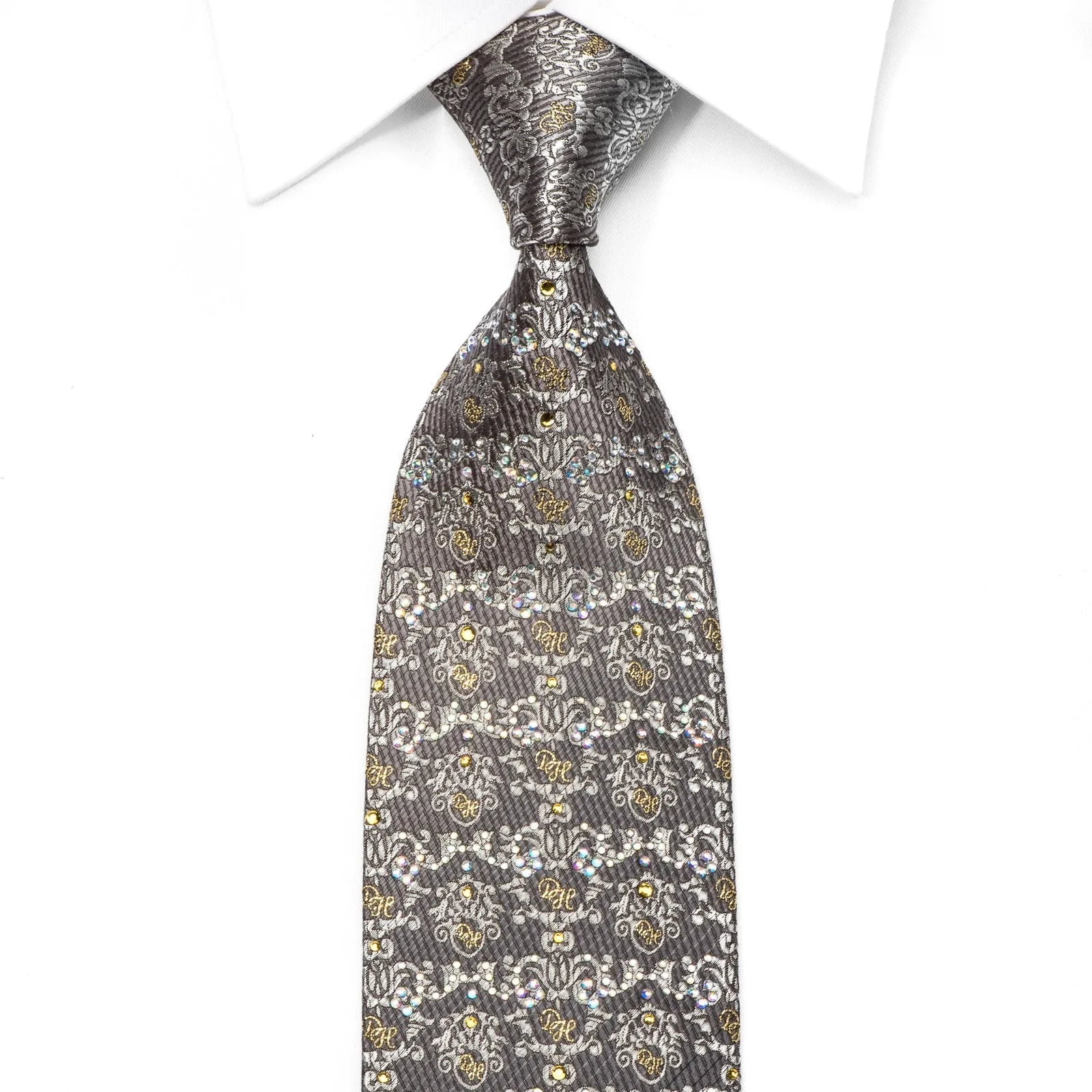 Daniel Hechter Men's Rhinestone Silk Necktie Cartoche On Silver With Sparkles