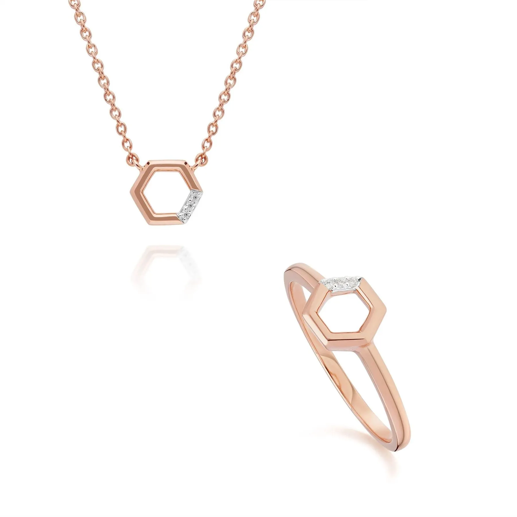Diamant Pave Hexagon Halskette & Ring Satz in 9ct Rose Gold