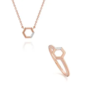Diamant Pave Hexagon Halskette & Ring Satz in 9ct Rose Gold