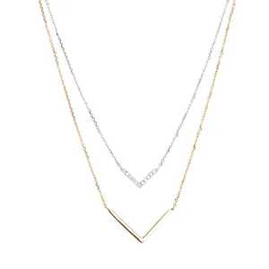 Diamond Double Chevron Necklace in Solid 14k Two-Tone White and Rose Gold