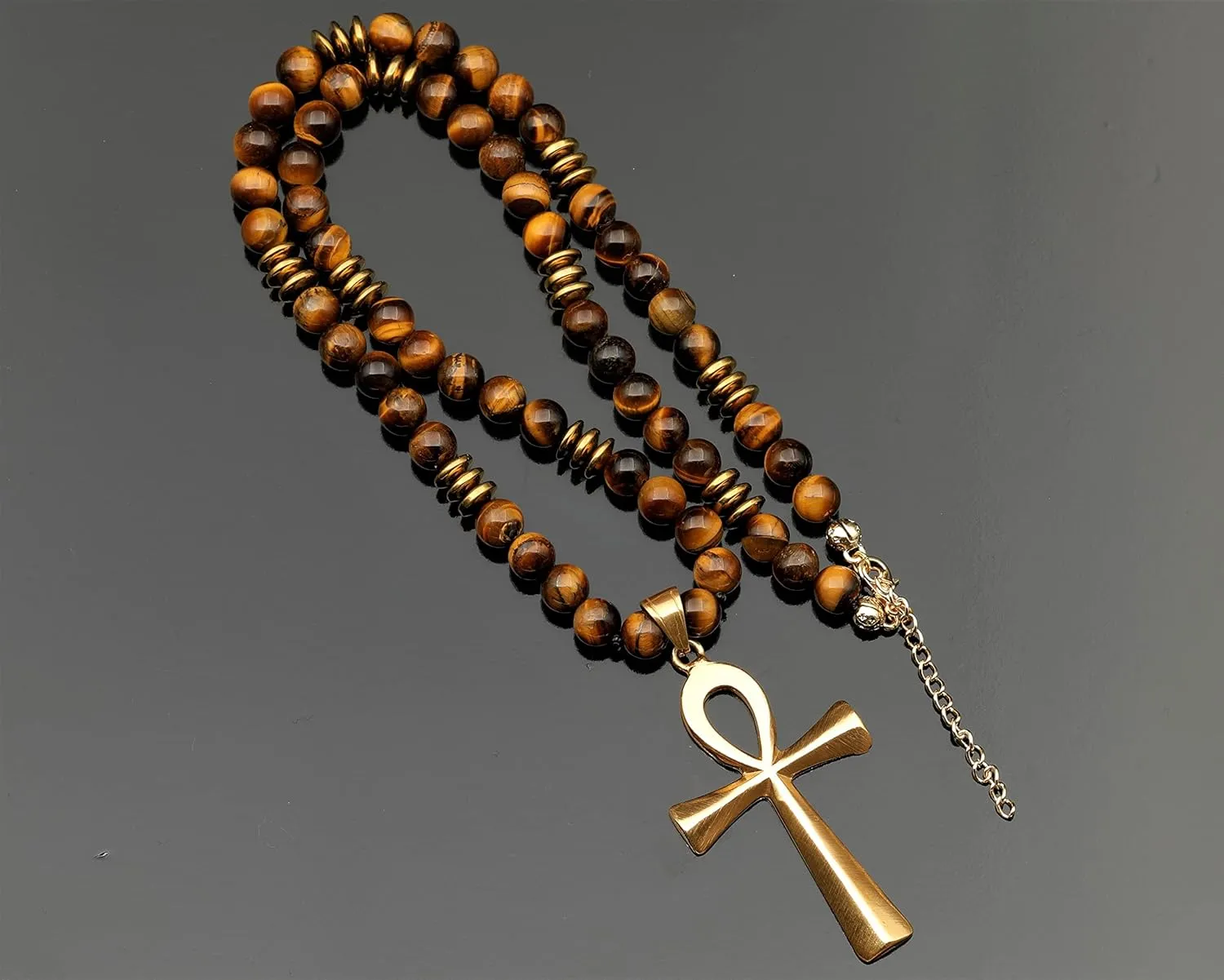 ElisaJewelryArt - Natural Tiger Eye Beaded Ankh Pendant Necklace Genuine Gemstone Fear Stone Clasp Closure Egyptian Necklace Unisex Necklace (22, Tiger Eye)