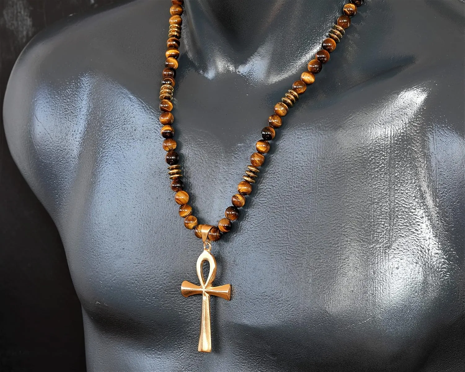 ElisaJewelryArt - Natural Tiger Eye Beaded Ankh Pendant Necklace Genuine Gemstone Fear Stone Clasp Closure Egyptian Necklace Unisex Necklace (22, Tiger Eye)