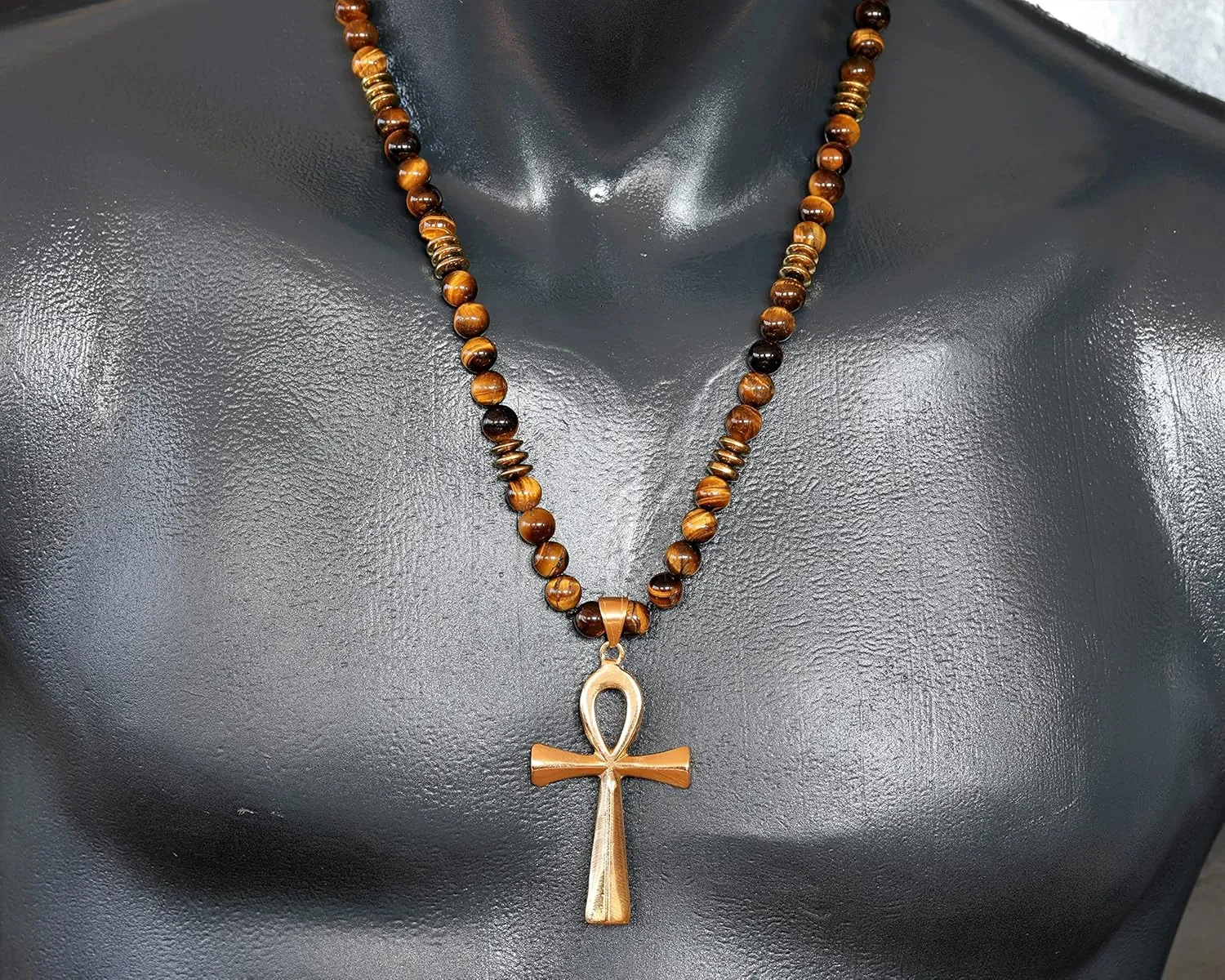 ElisaJewelryArt - Natural Tiger Eye Beaded Ankh Pendant Necklace Genuine Gemstone Fear Stone Clasp Closure Egyptian Necklace Unisex Necklace (22, Tiger Eye)